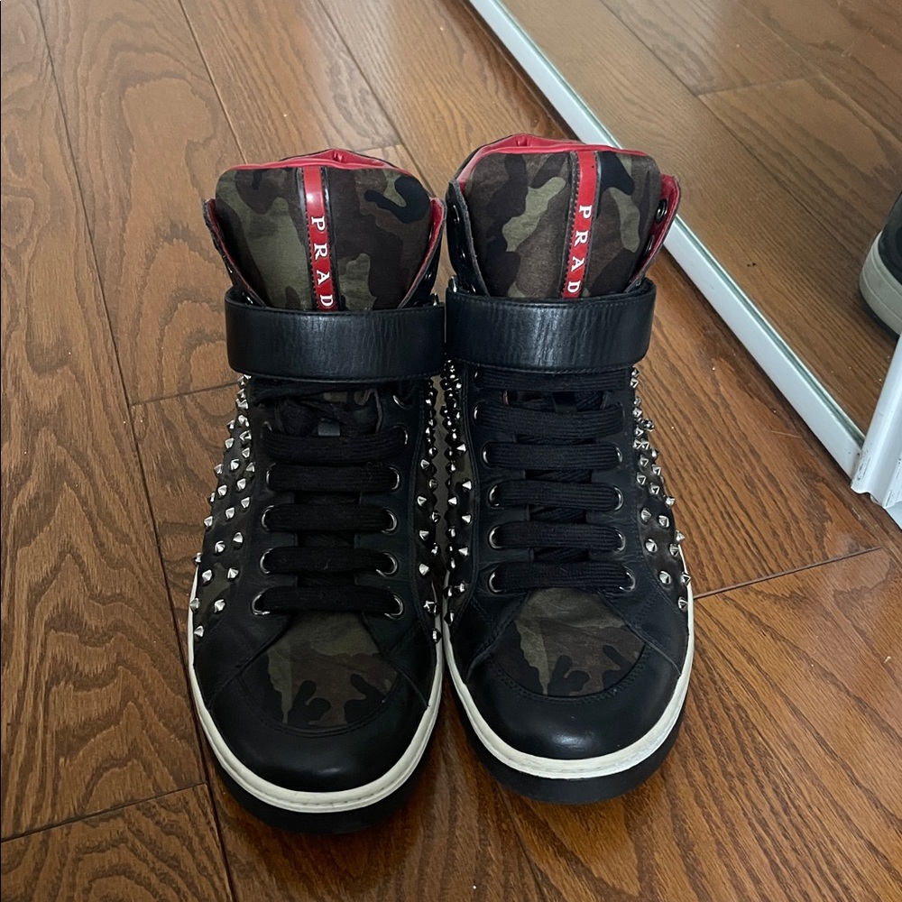 Prada Black and Camouflage High-Top Sneakers